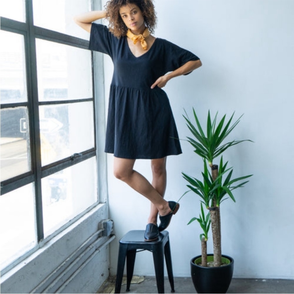 New Known Supply Navy Blue Revel Dress Mini Tie Waist Organic Cotton Casual Soft